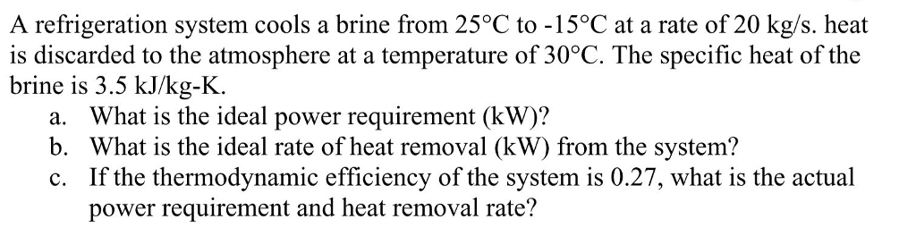 Question: A refrigeration system cools a brine from 25°C to -15°C at a rate o...